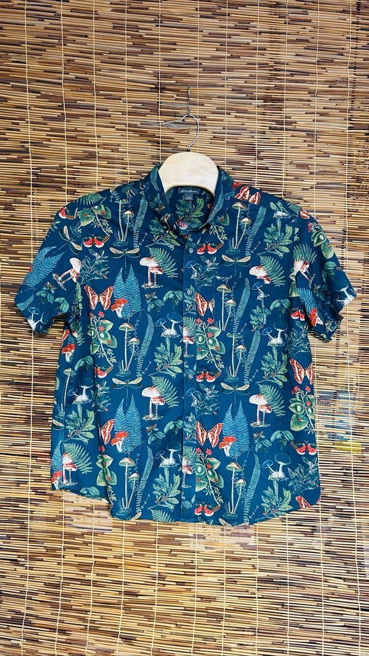 Eddie Bauer Men's XXL Classic Fit Short Sleeve Cotton Woven Green Mushroom Natur